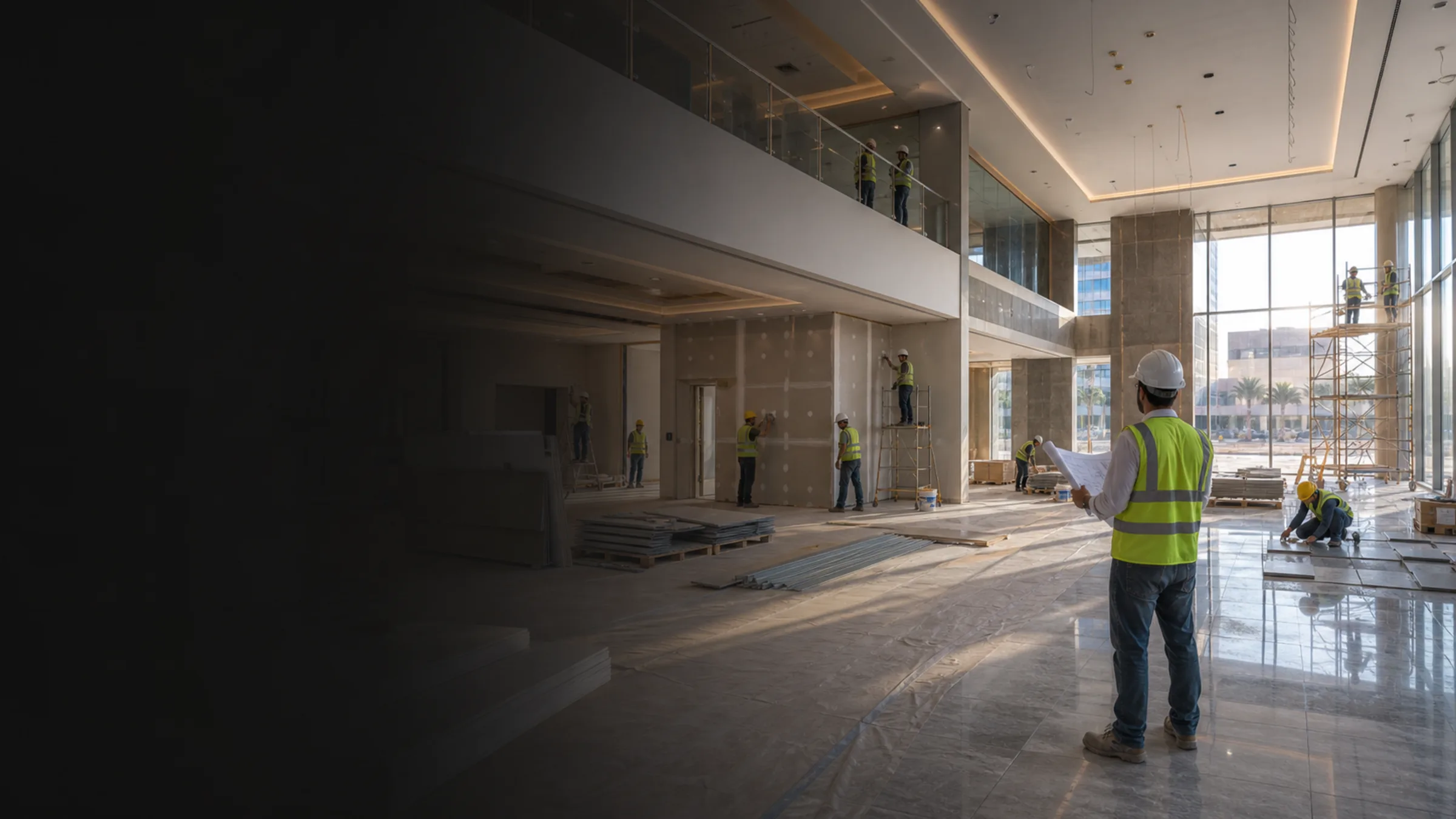 Custom construction image showing building, finishing, and crane-supported delivery.