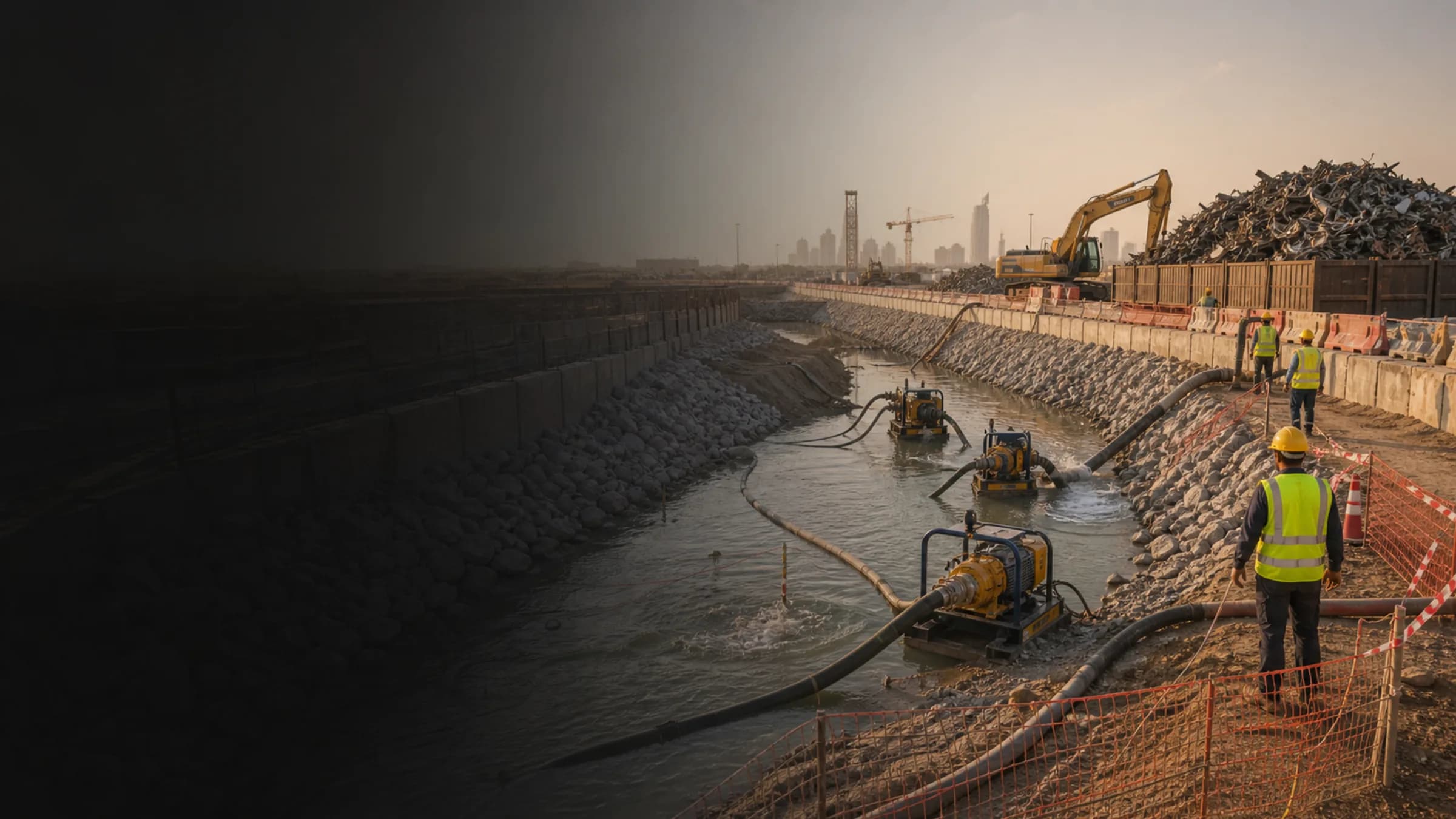 Custom construction image showing dewatering, site support, and field coordination.