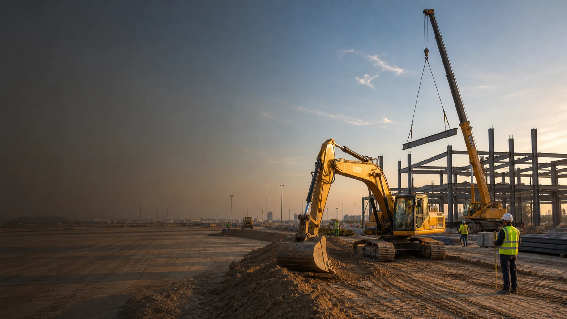 Custom construction image showing earthworks, excavation equipment, and steel structure activity.