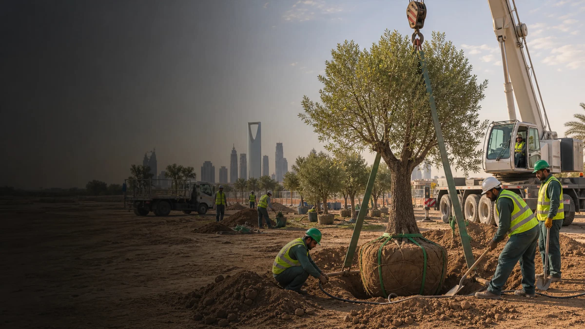 Custom environmental image showing tree translocation and green site support.