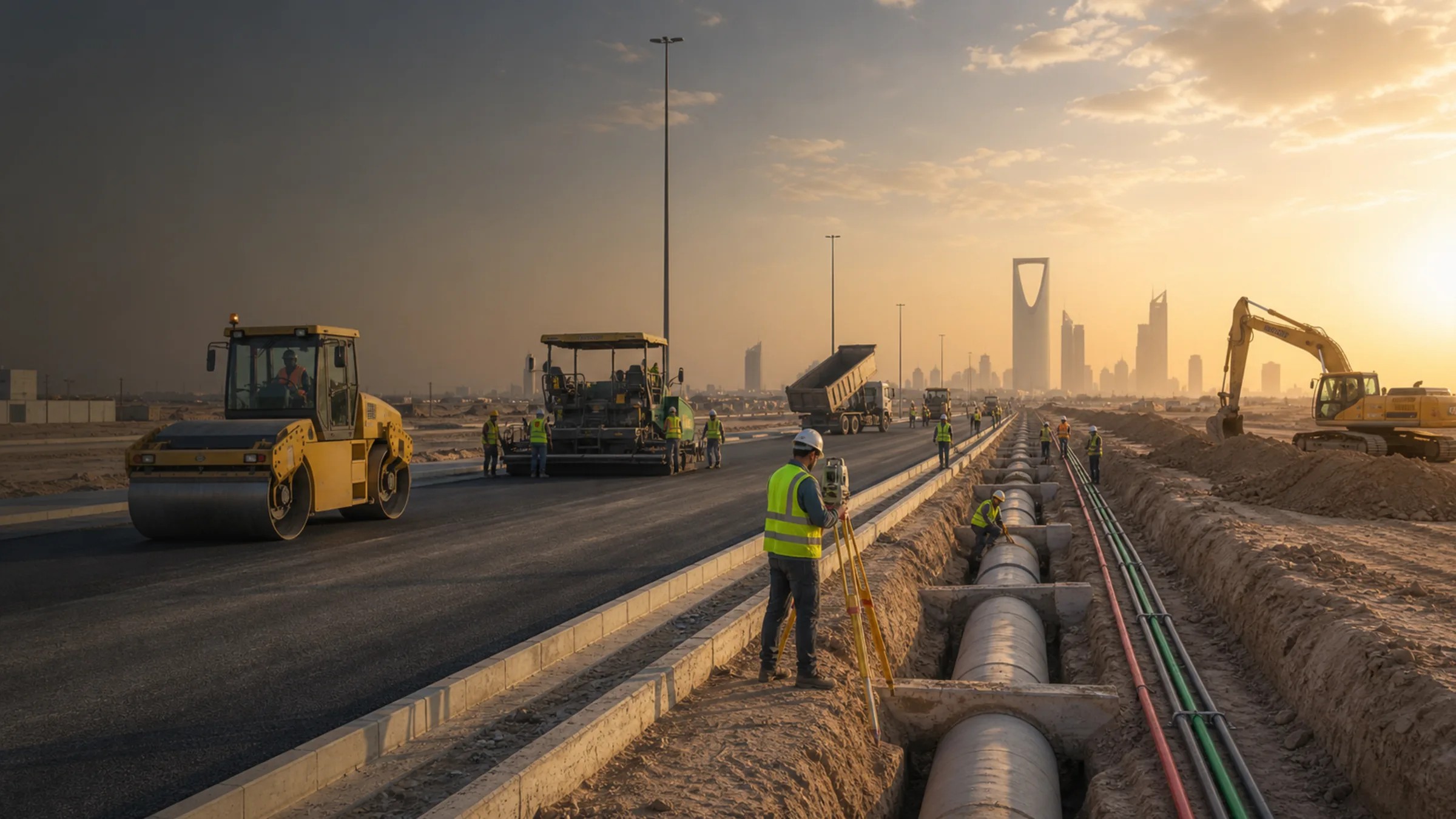 Custom construction image showing road infrastructure work, equipment, and site crew.