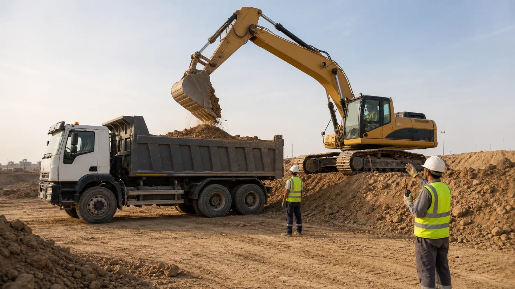 Dump truck being loaded with soil during construction logistics work.