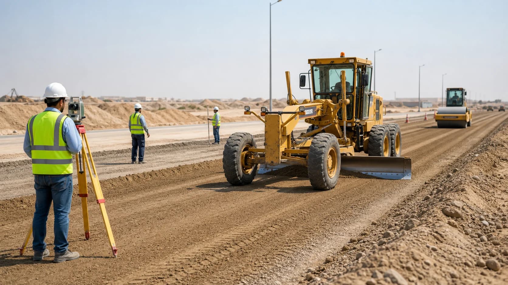 Motor grader fine grading a road corridor on a construction site.