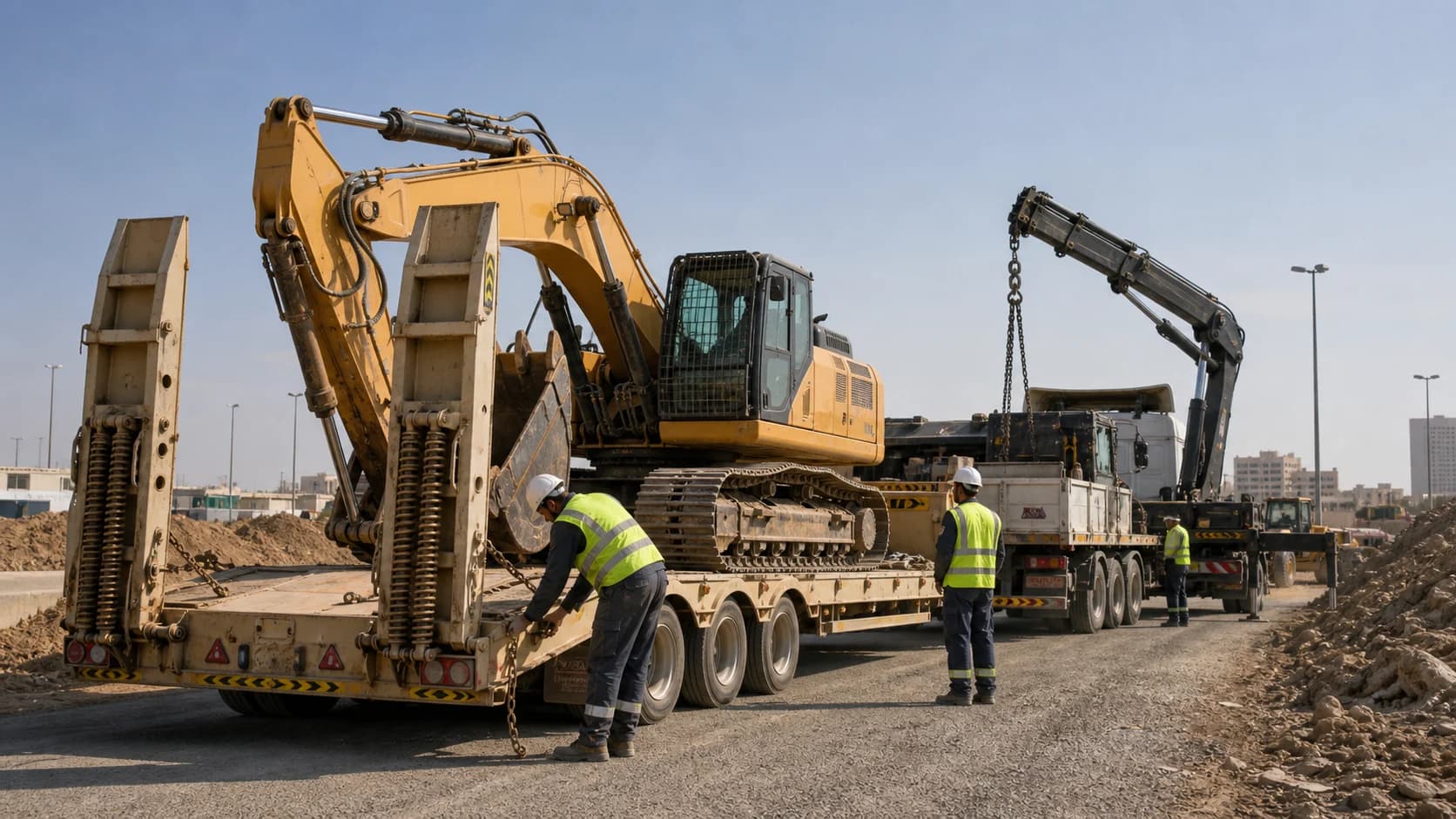 Lowbed trailer and boom truck supporting heavy equipment transport.