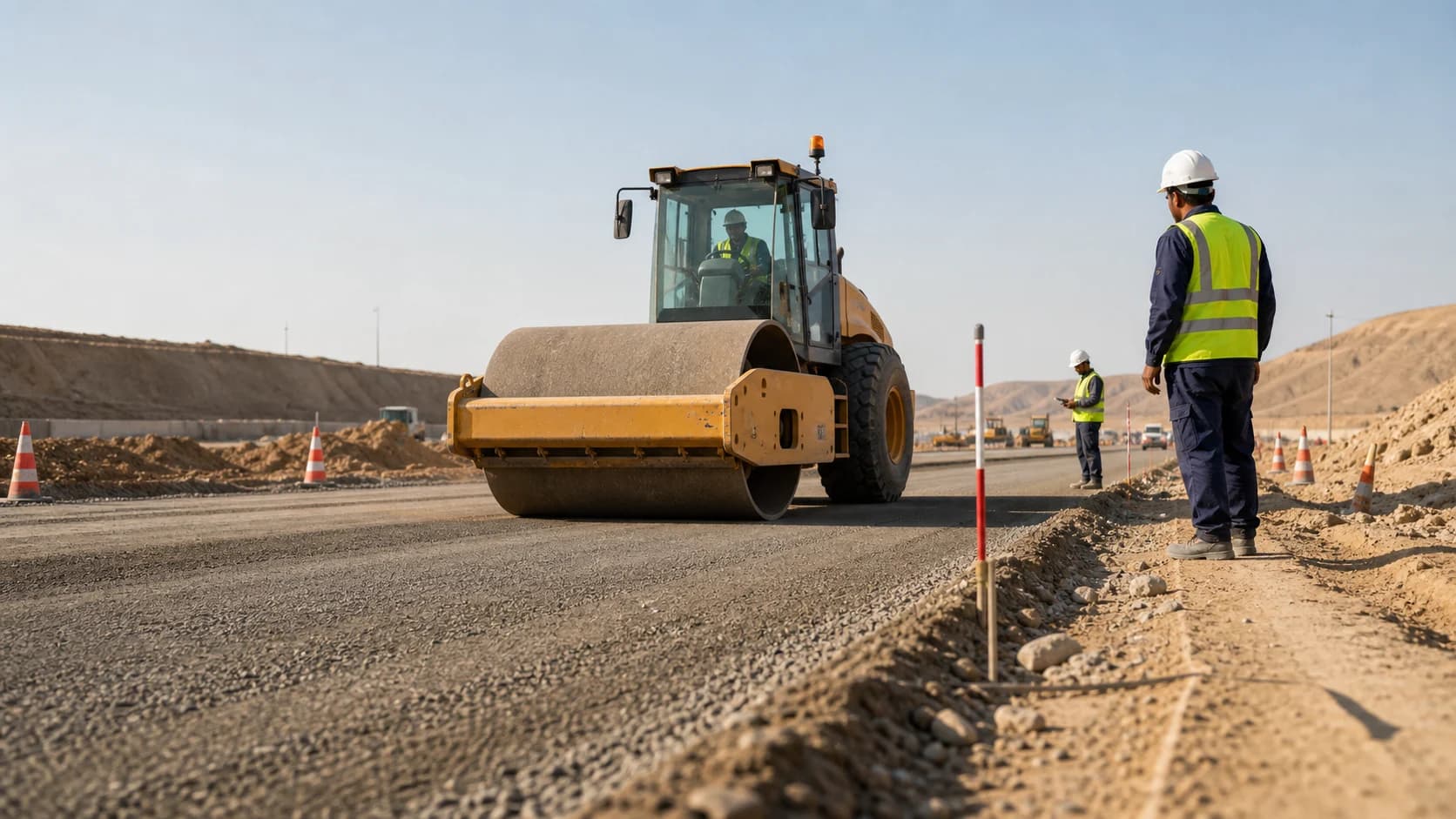 Roller compactor preparing a road base with workers nearby.
