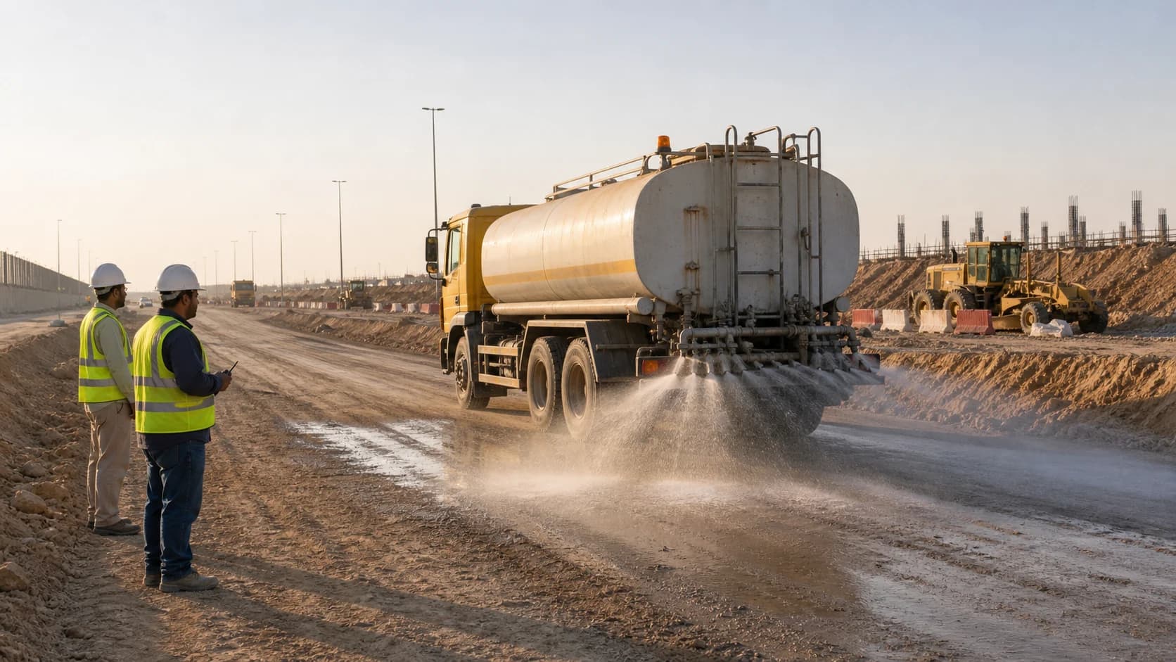 Water tanker supporting dust control on a construction access road.