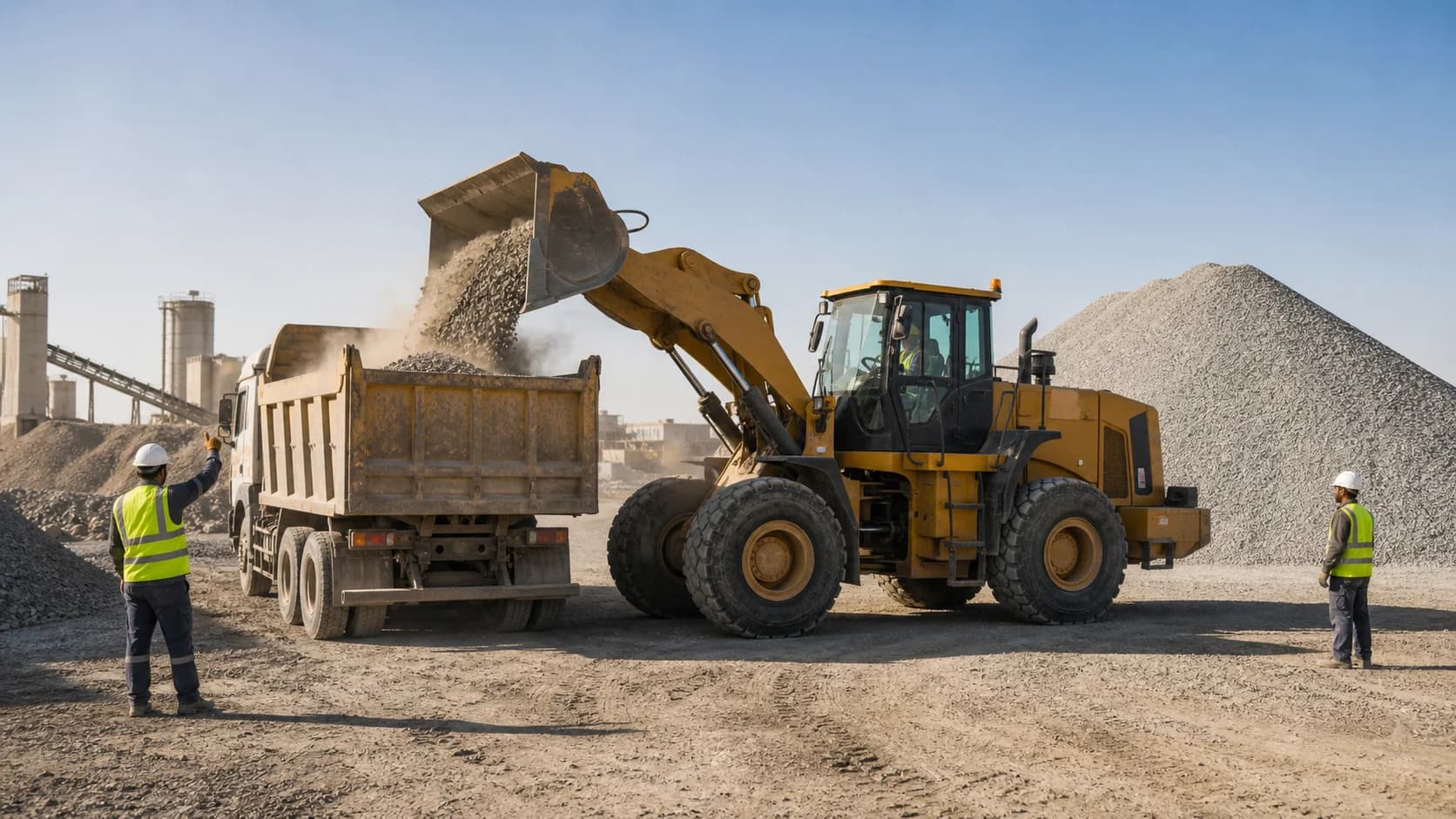 Wheel loader moving aggregate at a construction materials stockpile.