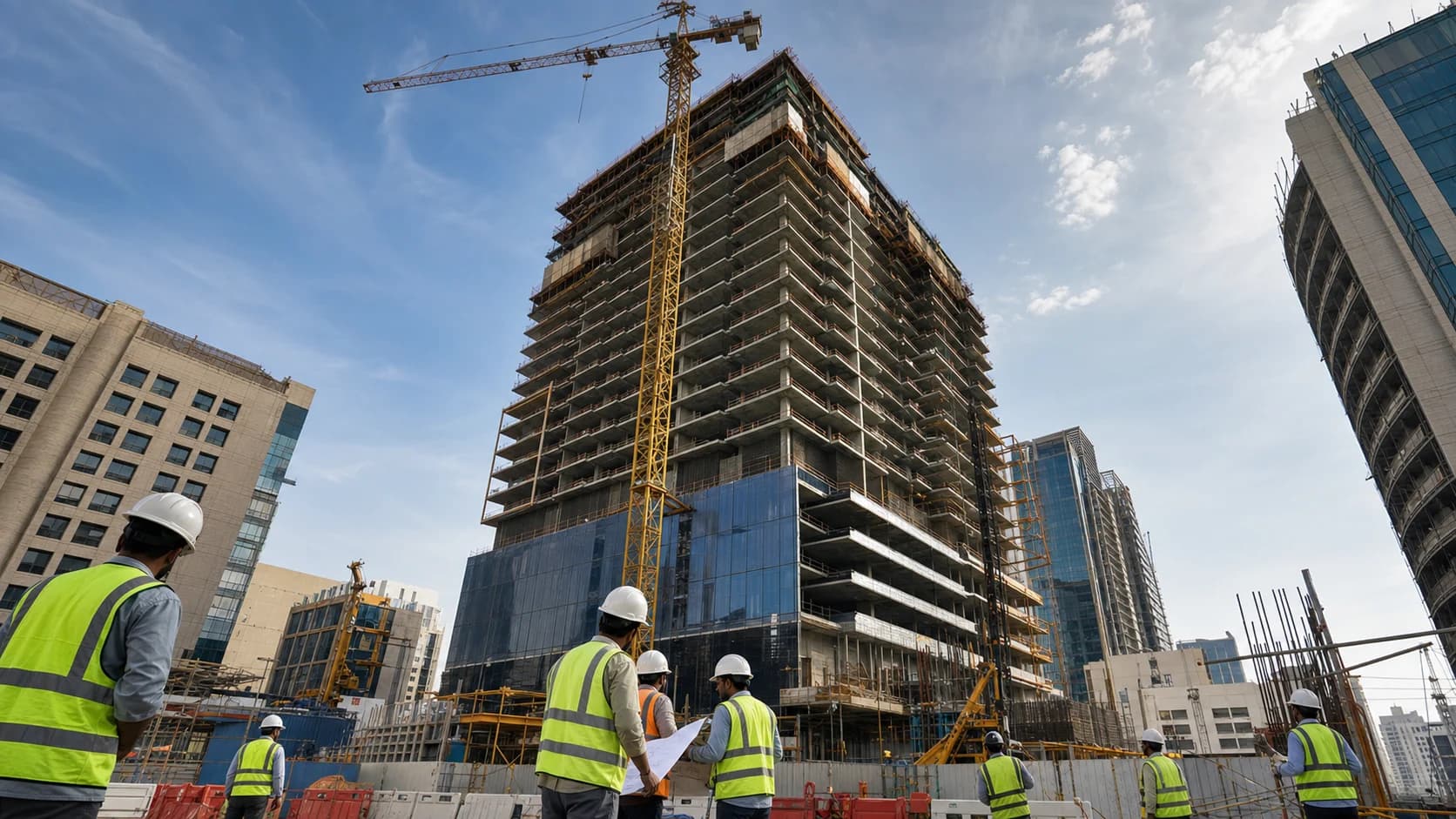 Tower construction scene representing main contractor coordination without client logos.